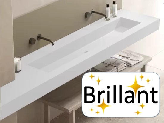 Plan vasque lavabo de 96 cm, sur mesure, Largeur 120 à 200 cm x Profondeur 46 à 80 cm, résine composite de haute qualité, Finition lisse blanc BRILLANT laqué, Livraison Offerte.